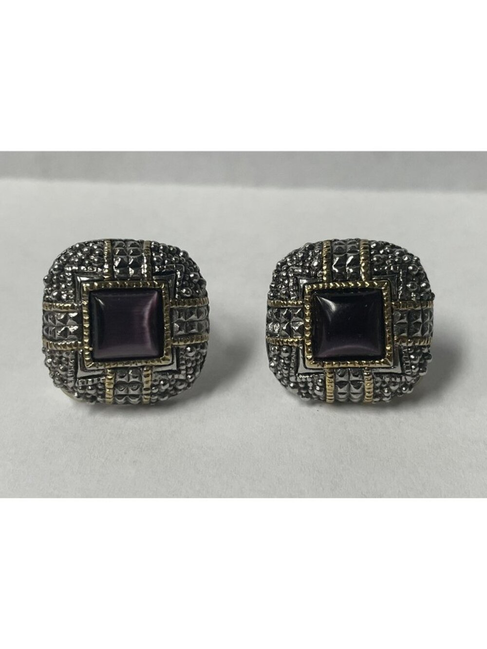 Clip On Earrings Vintage Bali Etruscan Style Purple Stone Jewelry